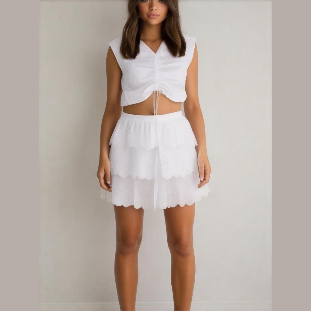 Brand New Jason Wu Scalloped Tiered Eyelet Mini Skirt I’m White Size 2 - Picture 4 of 12